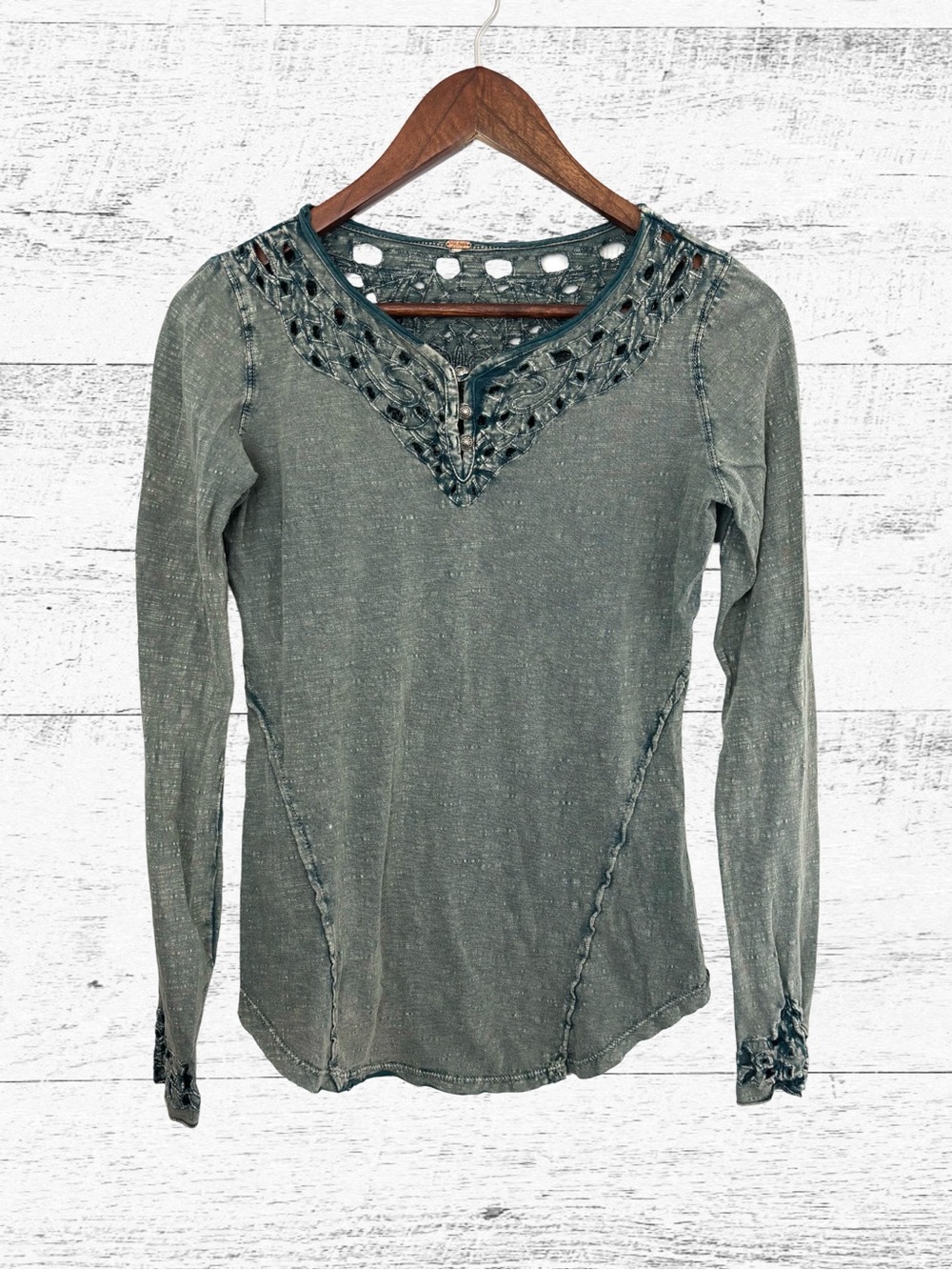 Free People Washed Teal Crochet V-Neck Long Sleeve Top